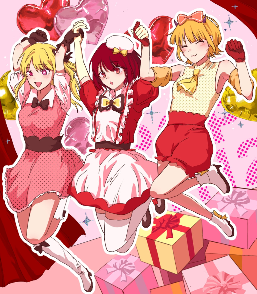 3girls, :3, arima_kana, ascot, b-komachi_(new), beret, black_bow, black_gloves