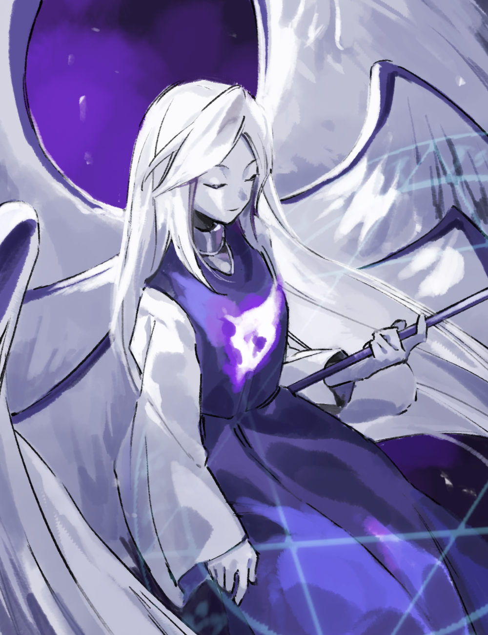 1other, angel, angel_wings, closed_eyes, colored_skin, commentary_request, dress, flat_chest