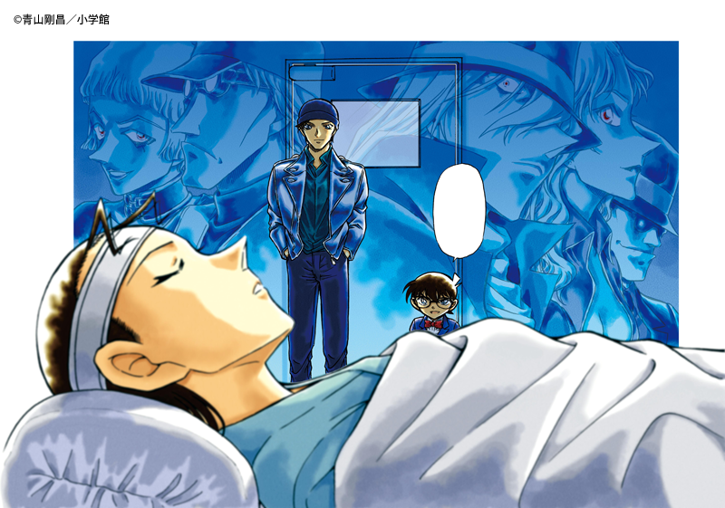 3girls, 5boys, akai_shuuichi, aoyama_goushou, bandaged_head, bandages, black-framed_eyewear, blue_background