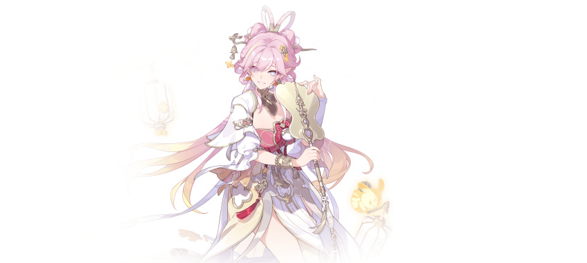 1girl, absurdres, bad_link, chinese_clothes, dress, earrings, elysia_(hi_love_elf)_(honkai_impact), elysia_(honkai_impact), elysia_(moonlit_grace)_(honkai_impact), hair_ornament, hand_fan, highres, holding, holding_fan, honkai_(series), honkai_impact_3rd, jewelry, lantern, long_hair, official_alternate_costume, official_art, pink_hair, pointy_ears, rabbit, smile, solo, symbol-shaped_pupils, transparent_background, white_dress