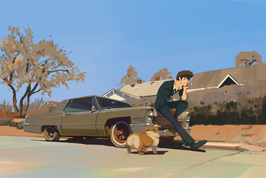 1boy, absurdres, black_pants, black_shoes, blue_sky, brown_hair, cadillac, cadillac_deville