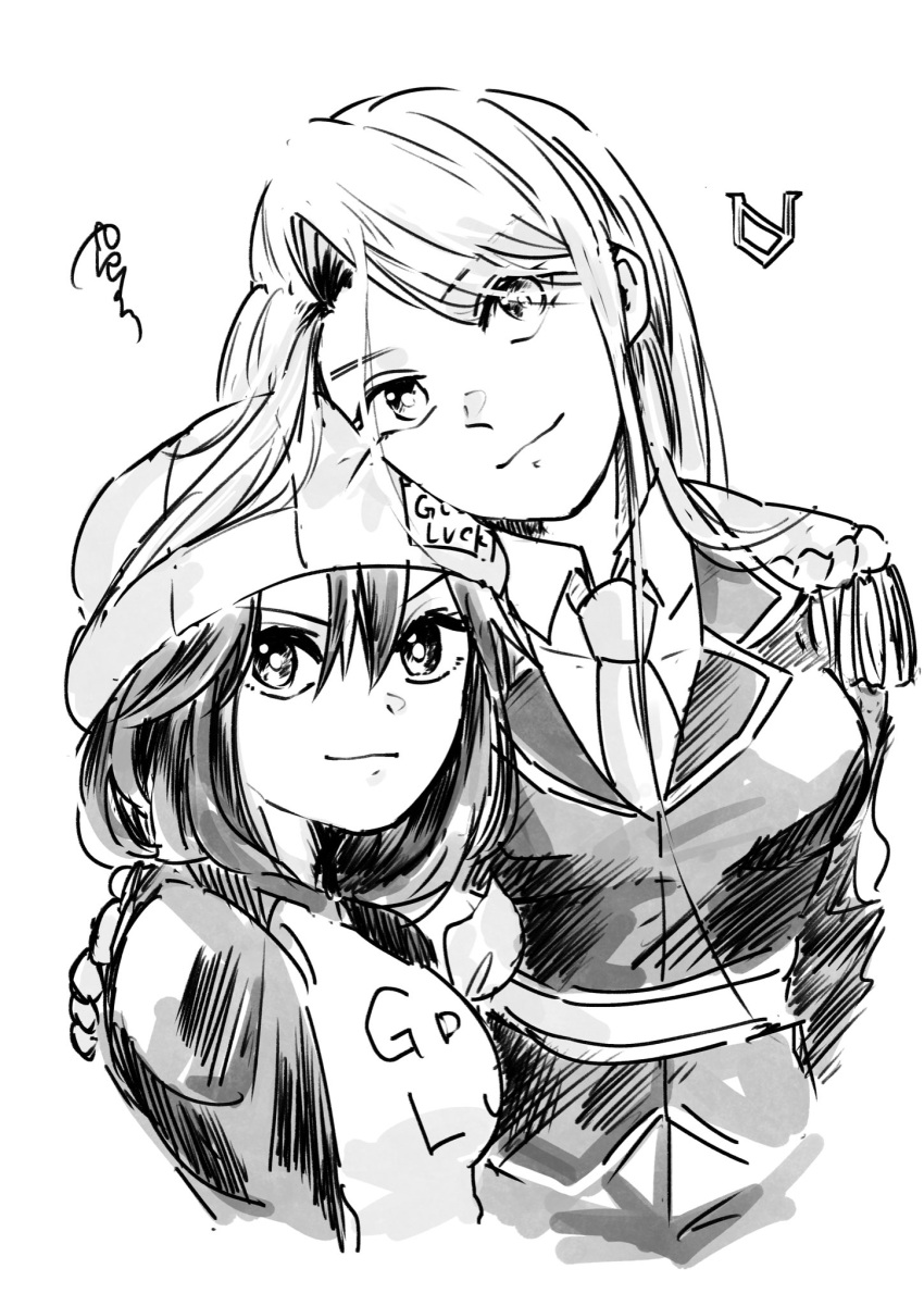 2girls, beanie, black_hair, black_jacket, breasts, clothes_writing, collared_shirt, curtained_hair