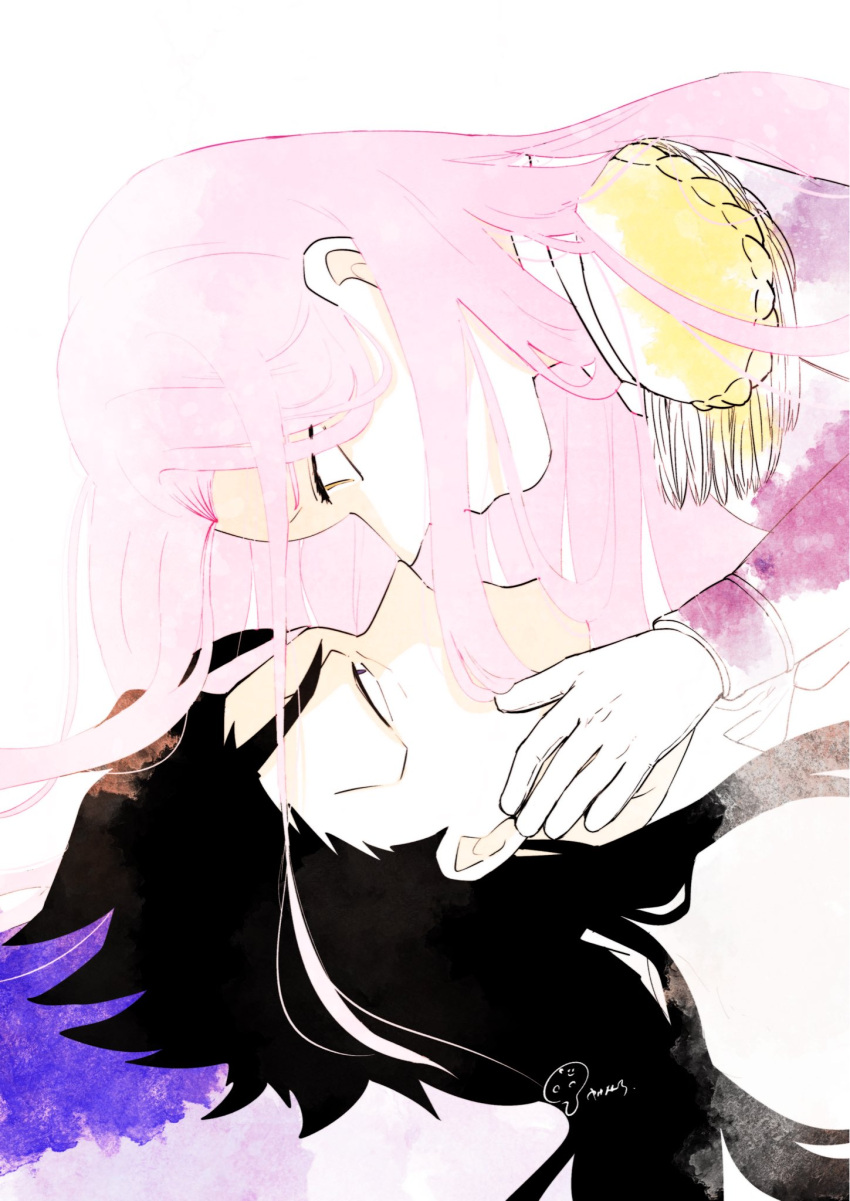 1boy, 1girl, black_hair, collared_shirt, commentary_request, couple, epaulettes, girl_on_top