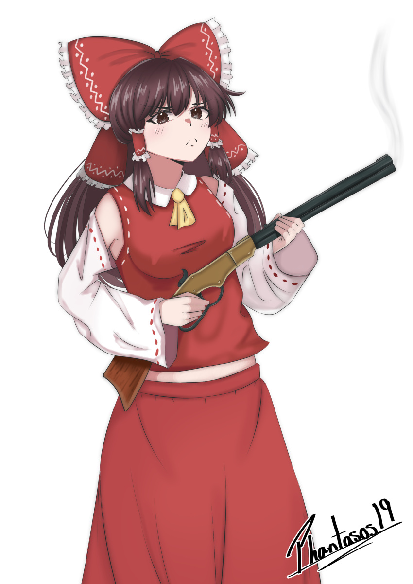1girl, absurdres, ascot, bow, breasts, brown_eyes, brown_hair, closed_mouth