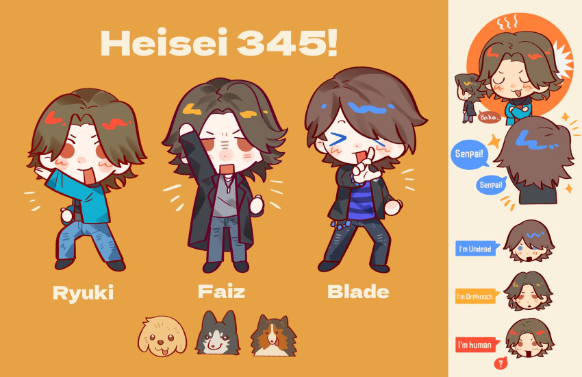 >_<, 2786867956wuyu, 3boys, ?, animification, arm_up, black_coat, black_jacket