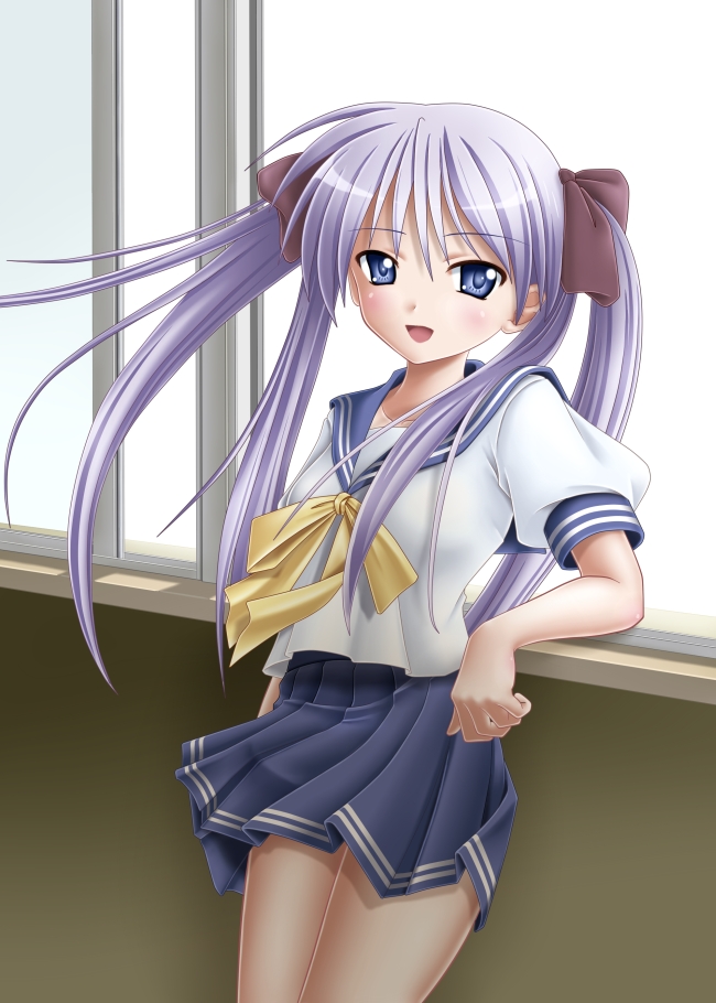 blue_eyes, hiiragi_kagami, leaning, long_hair, lucky_star, mushoku_no_hourousha, open_mouth, purple_hair