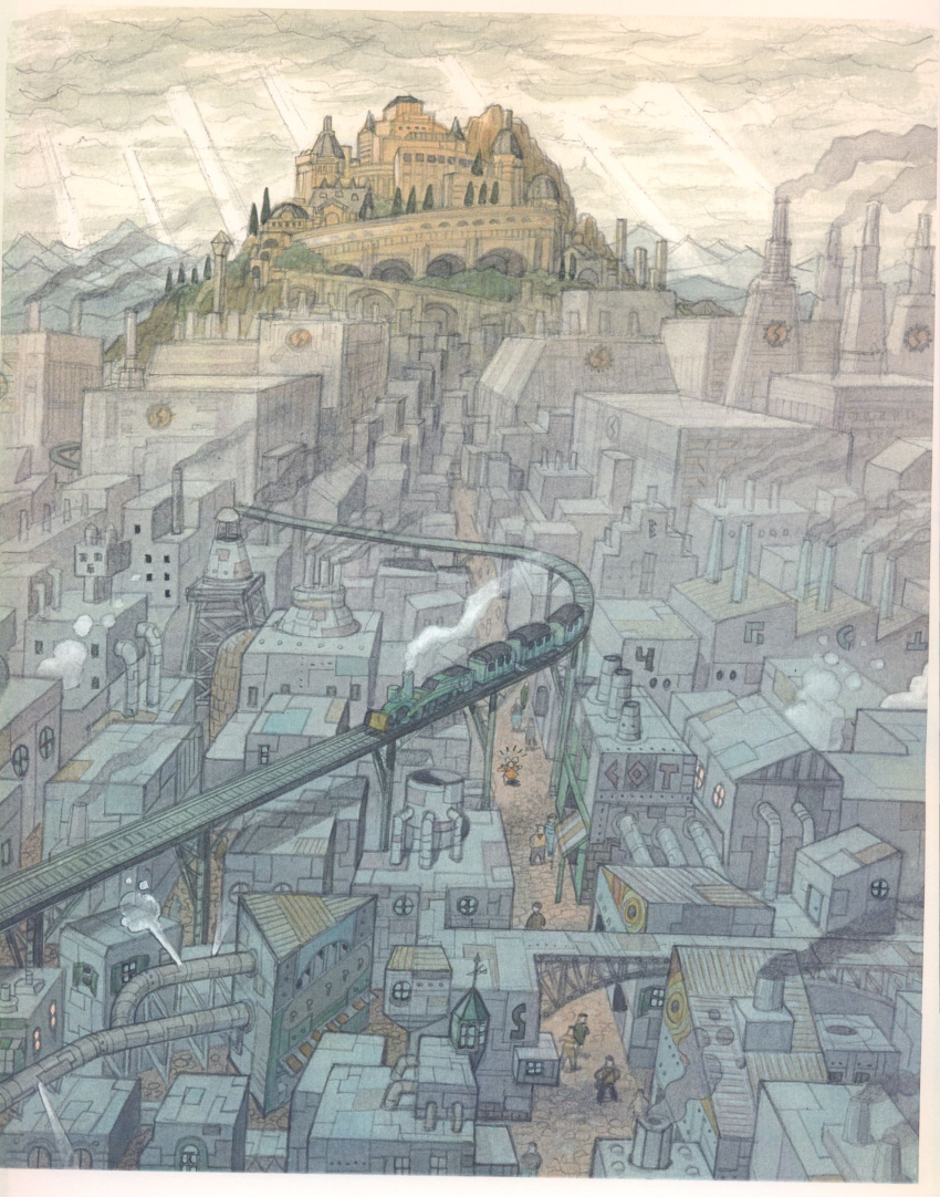 absurdres, building, chimney, commentary_request, concept_art, dress, grandia, grandia_i