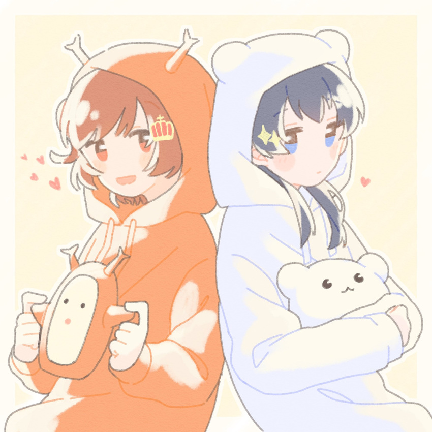 2girls, :d, :|, aijou_karen, animal_ear_hood, animal_hood, bear_hood, black_hair, blue_eyes, blush_stickers, border, brown_hair, closed_mouth, commentary_request, crab_hood, crown_hair_ornament, drawstring, hair_ornament, heart, highres, hirake_goma, holding, holding_stuffed_toy, hood, hoodie, hugging_doll, hugging_object, jitome, kagura_hikari, kanihaniwa, leaning_back, leaning_on_person, long_hair, long_sleeves, looking_at_another, looking_to_the_side, mr._white_(revue_starlight), multiple_girls, no_nose, no_sclera, open_mouth, orange_hoodie, outside_border, parted_bangs, red_eyes, short_hair, shoujo_kageki_revue_starlight, side-by-side, sideways_glance, simple_background, smile, sparkle_hair_ornament, stuffed_animal, stuffed_crab, stuffed_toy, teddy_bear, upper_body, white_border, white_hoodie, yellow_background, yuri