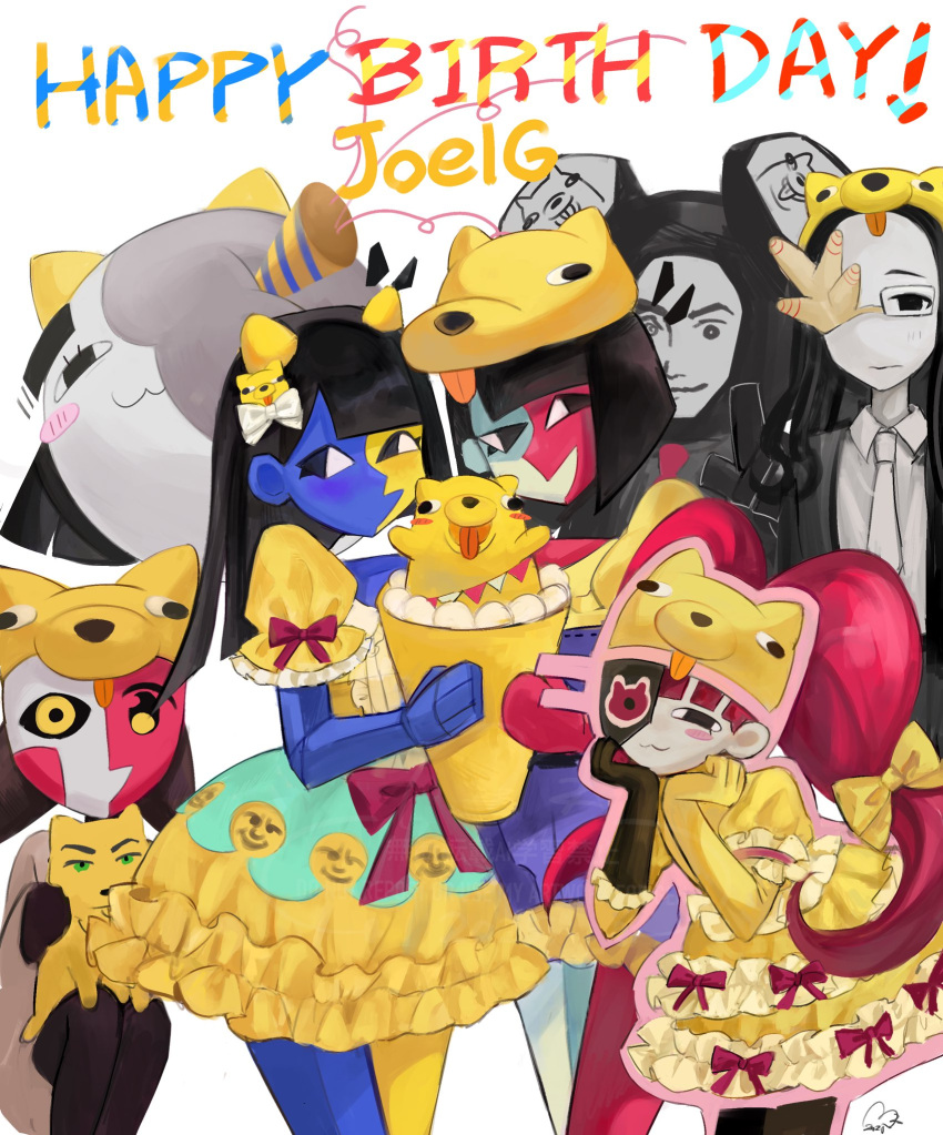 1boy, 6+girls, alternate_costume, animal_hat, black_eyes, black_hair, blue_skin, blunt_bangs
