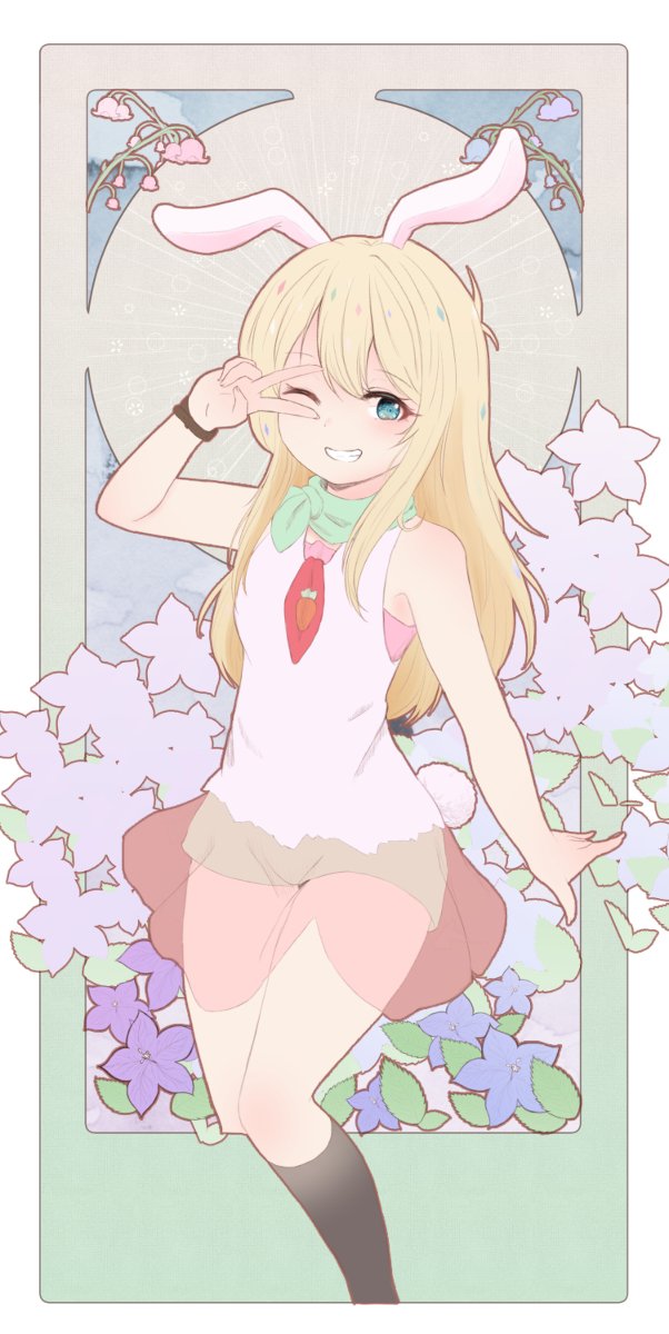 1girl, animal_ears, bandana, bandana_around_neck, black_socks, blonde_hair, blue_eyes, bracelet