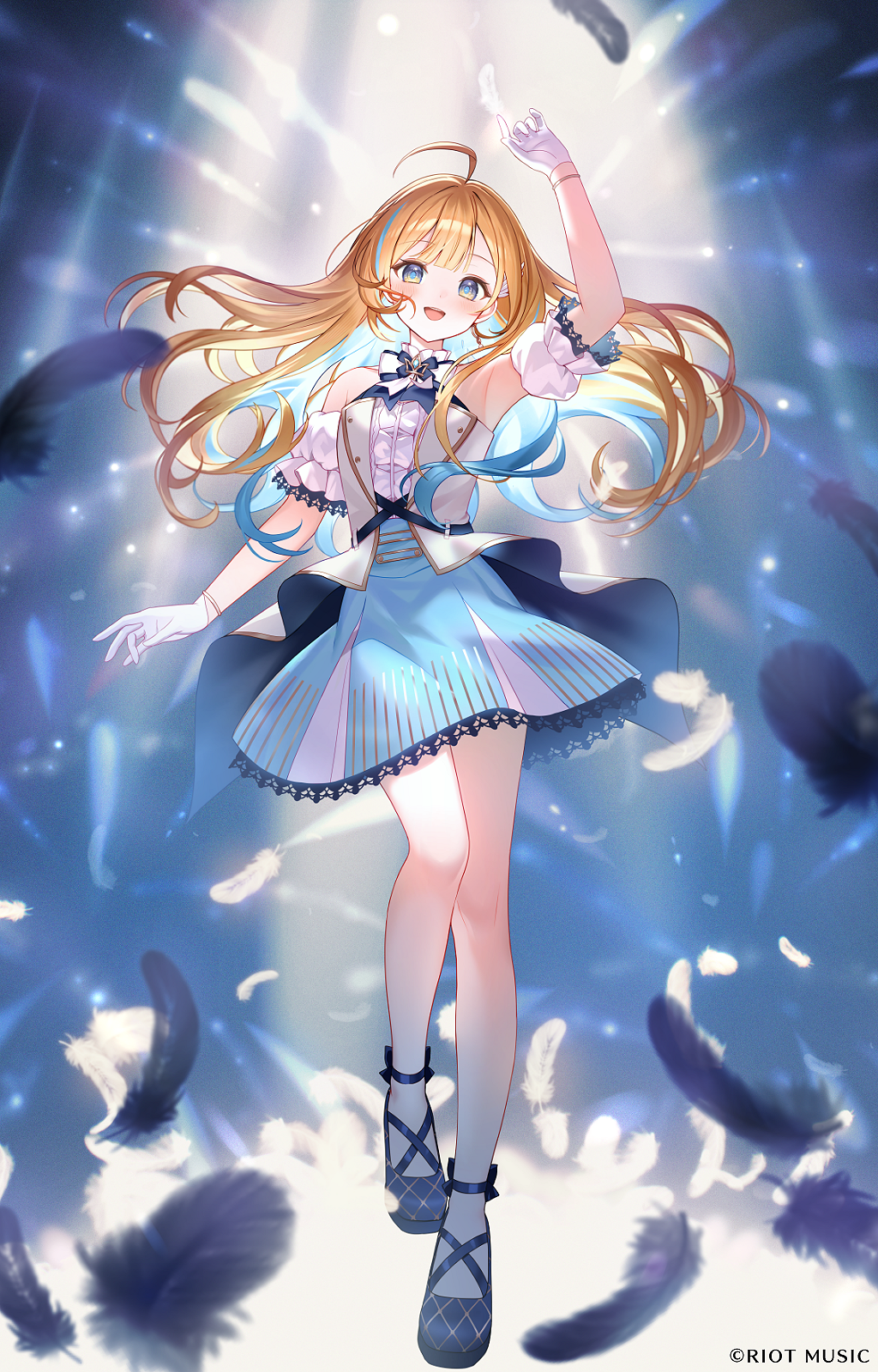 1girl, :d, ahoge, animal, arm_up, bare_shoulders, bird, black_shoes, blonde_hair, blue_eyes, blue_hair, blue_skirt, blue_streaks, blurry, blurry_background, bow, bowtie, bracelet, center-flap_bangs, colored_inner_hair, commentary_request, copyright_name, copyright_notice, detached_sleeves, falling_petals, full_body, gloves, high_heels, highres, jewelry, long_hair, looking_at_viewer, momoshiki_tsubaki, multicolored_hair, official_art, open_mouth, petals, puffy_short_sleeves, puffy_sleeves, riot_music, shirakawa_shirase, shoes, short_sleeves, skirt, smile, solo, streaked_hair, virtual_youtuber, white_bow, white_bowtie, white_gloves, white_sleeves