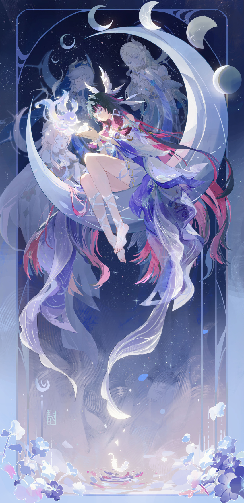 4girls, absurdres, aria_(genshin_impact), black_hair, canon_(genshin_impact), card, chinese_commentary, closed_eyes