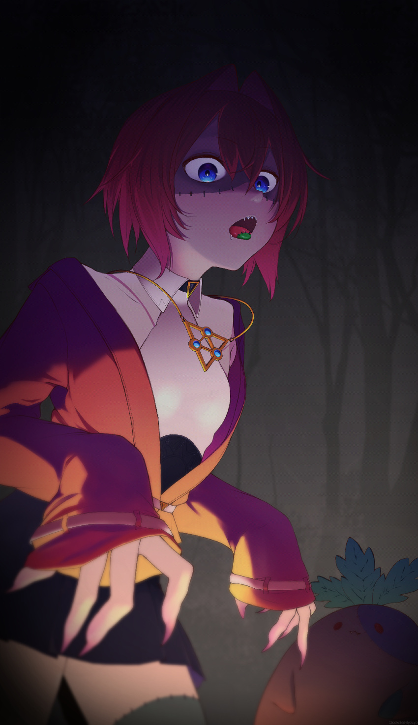 1girl, absurdres, ange_katrina, ange_katrina_(summer_casual), black_skirt, blue_eyes, blurry, breasts, collared_halterneck, collared_shirt, commentary_request, cowboy_shot, creature, depth_of_field, fingernails, ghost_pose, gold_necklace, grey_background, hair_between_eyes, hair_intakes, halloween, halter_shirt, halterneck, high-waist_skirt, highres, jacket, jewelry, long_fingernails, looking_at_viewer, mandragora_(ange_katrina), medium_hair, mikoton, miniskirt, necklace, nijisanji, open_mouth, partially_open_jacket, red_hair, red_jacket, saliva, sharp_fingernails, sharp_teeth, shirt, shirt_tucked_in, skirt, sleeves_past_wrists, small_breasts, stitched_face, stitched_leg, stitched_tongue, stitches, teeth, tongue, tongue_out, virtual_youtuber, white_shirt