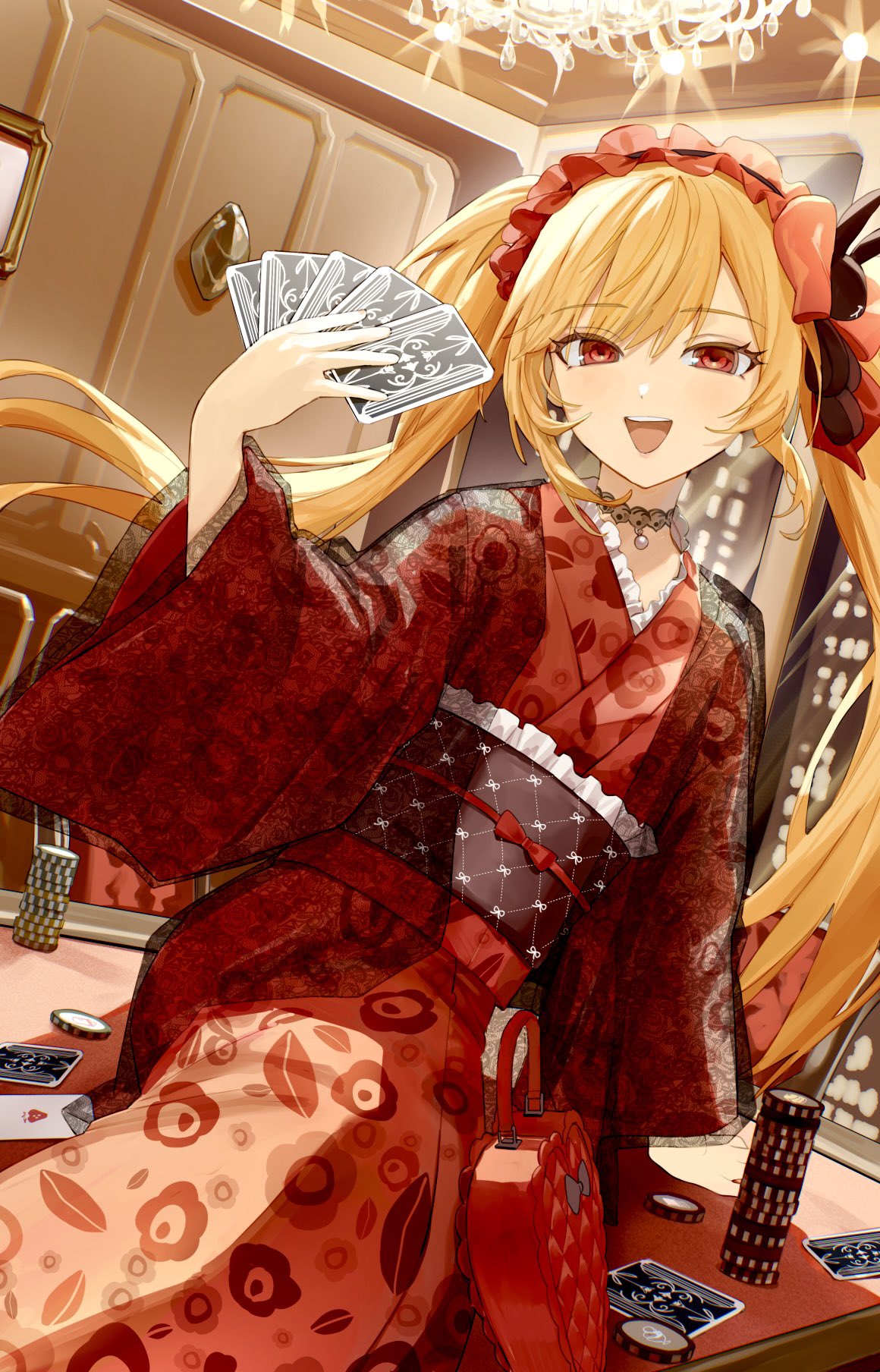 1girl, black_sash, blonde_hair, card, ceiling_light, chandelier, commentary_request, commission
