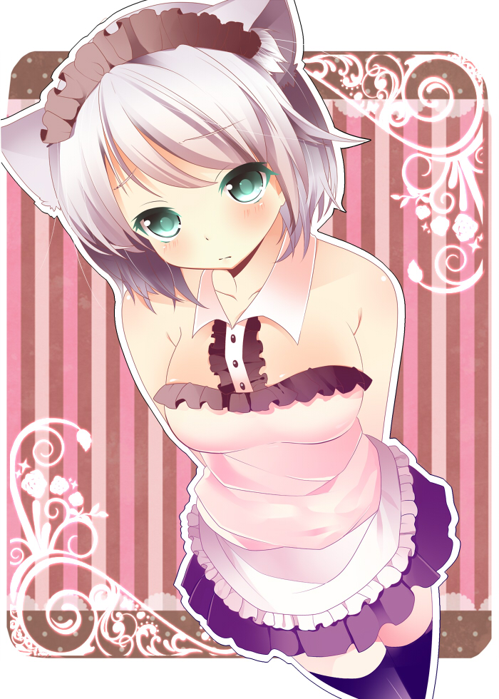 alternate_costume, animal_ears, apron, arms_behind_back, bad_id, bare_shoulders, black_legwear, blush