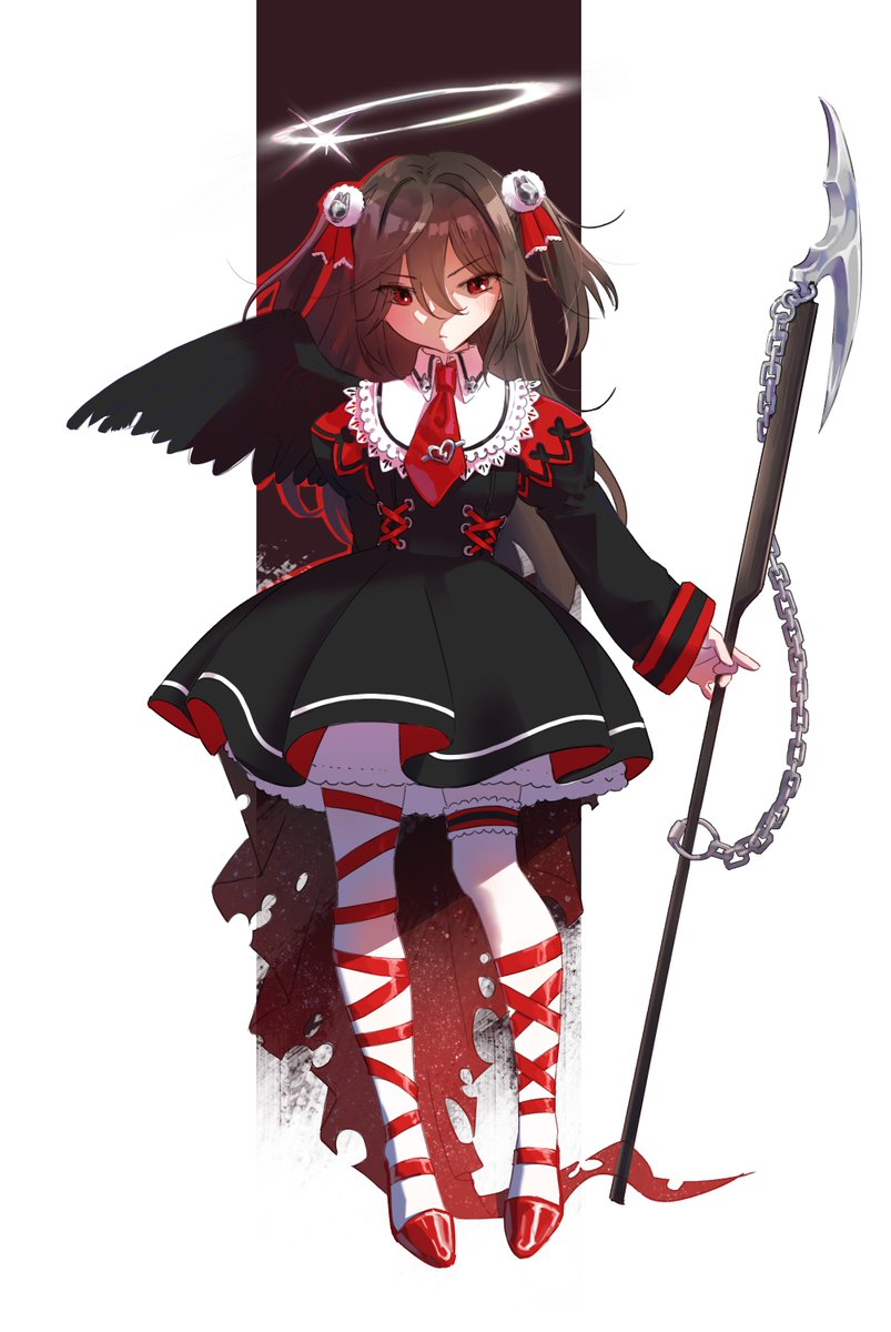 1girl, alternate_costume, black_dress, black_wings, brown_hair, closed_mouth, collar, commentary, dress, evil_neuro-sama, full_body, hair_between_eyes, hair_ornament, hair_ribbon, halo, high_heels, highres, holding_harpoon, long_hair, long_sleeves, magical_girl, necktie, pantyhose, pom_pom_(clothes), red_eyes, red_necktie, red_ribbon, red_shoes, ribbon, sa1t_water, shoes, single_wing, skull_hair_ornament, solo, standing, symbol-only_commentary, thigh_strap, two_side_up, vedal_ai, virtual_youtuber, white_collar, white_halo, white_pantyhose, wings