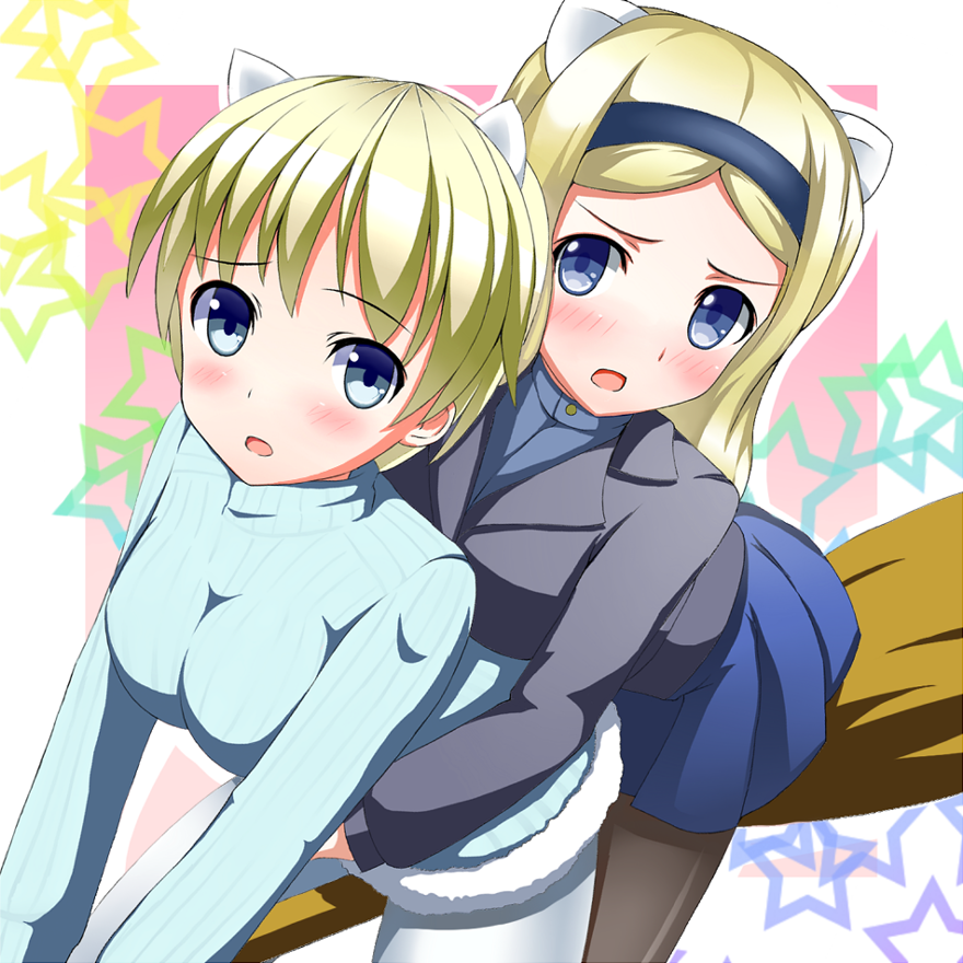 aleksandra_i_pokryshkin, animal_ears, black_legwear, blonde_hair, blue_eyes, blush, breasts, broom