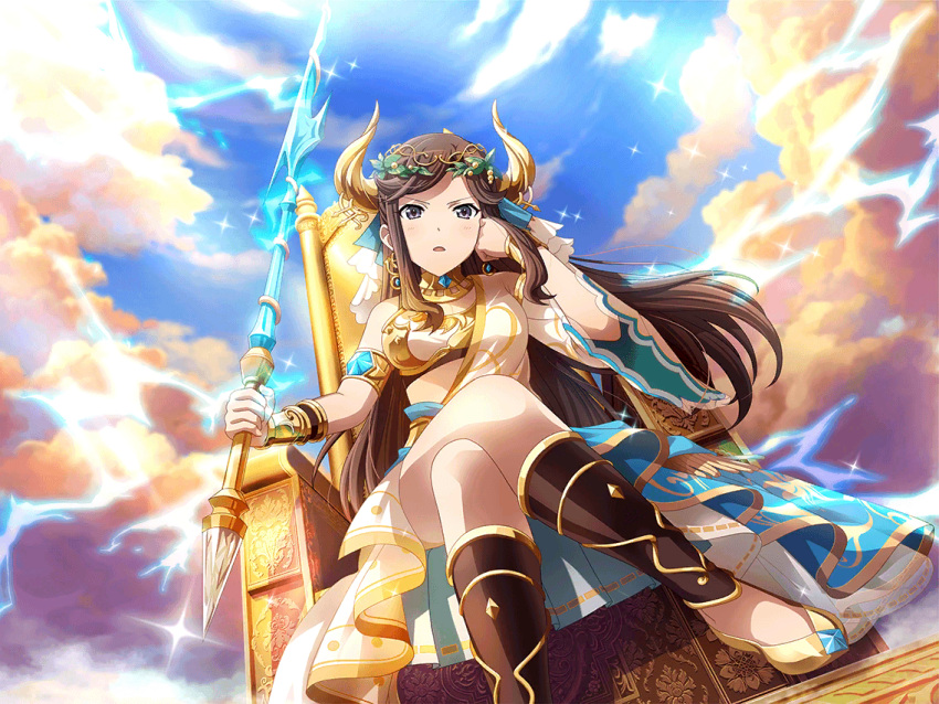1girl, asymmetrical_sleeves, bracer, brown_hair, cosplay, crossed_legs, earrings, fake_horns