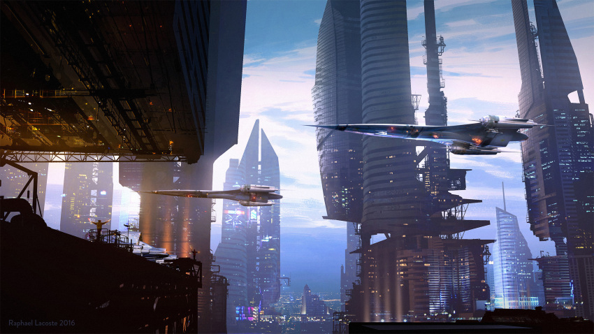1other, artist_name, building, city, city_lights, cityscape, clouds, cloudy_sky, commentary, dated, english_commentary, from_behind, highres, industrial_pipe, original, outdoors, painterly, raphael-lacoste, scenery, science_fiction, sky, spacecraft, tower