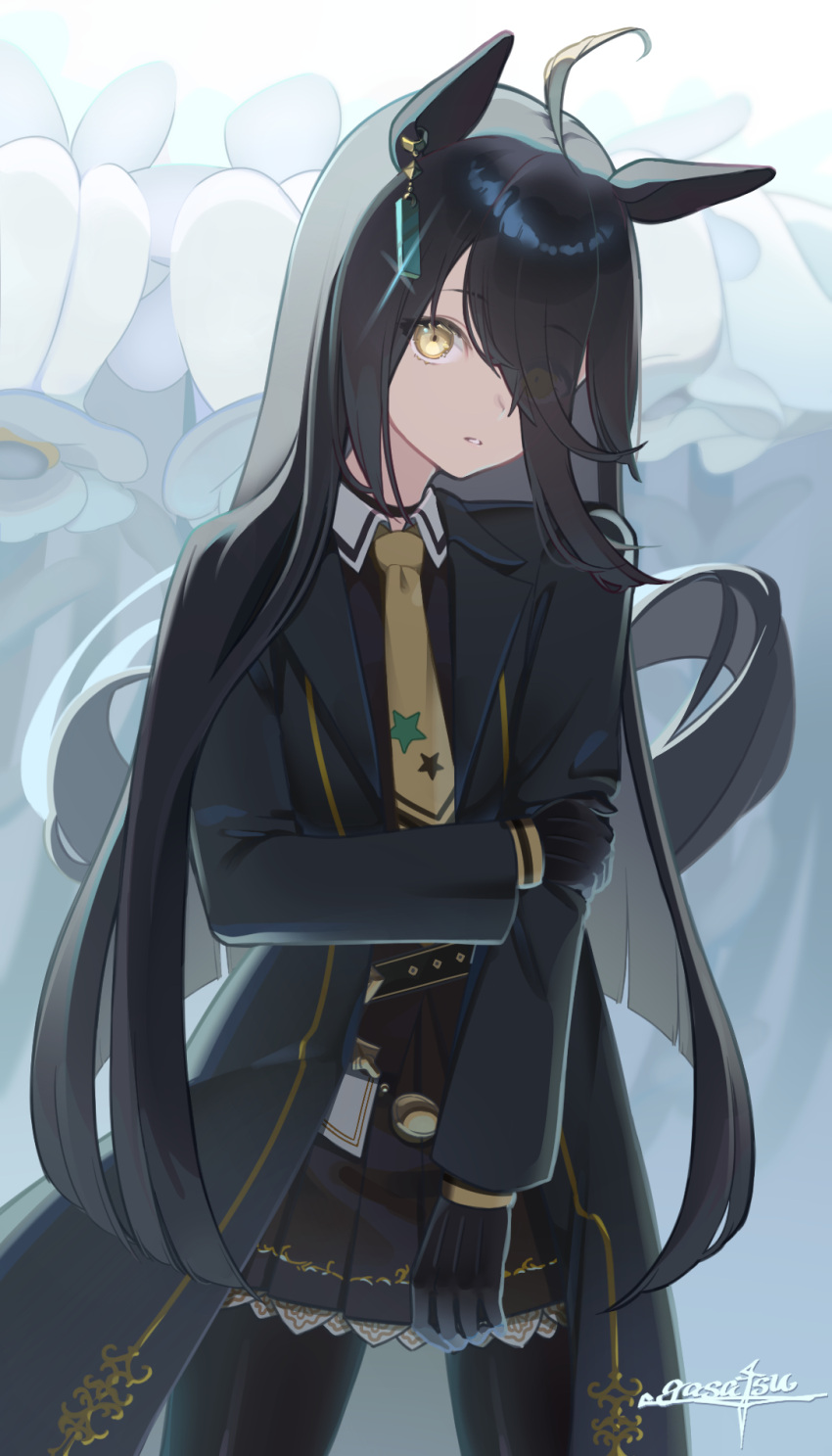 1girl, ahoge, animal_ears, black_choker, black_coat, black_gloves, black_hair, black_pantyhose, black_shirt, black_skirt, choker, coat, collared_shirt, ear_tag, earrings, gasatsuneo, gloves, hair_between_eyes, highres, horse_ears, horse_girl, horse_tail, jewelry, long_bangs, long_hair, long_hair_between_eyes, long_sleeves, looking_at_viewer, manhattan_cafe_(creeping_shadow)_(umamusume), manhattan_cafe_(umamusume), multicolored_hair, necktie, pantyhose, parted_lips, shirt, single_earring, skirt, solo, tail, umamusume, very_long_hair, white_hair, yellow_eyes, yellow_necktie