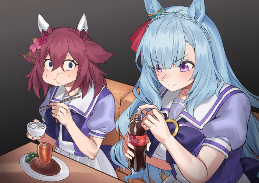 2girls, absurdres, animal_ears, blue_eyes, blue_hair, bottle, bow, bowl
