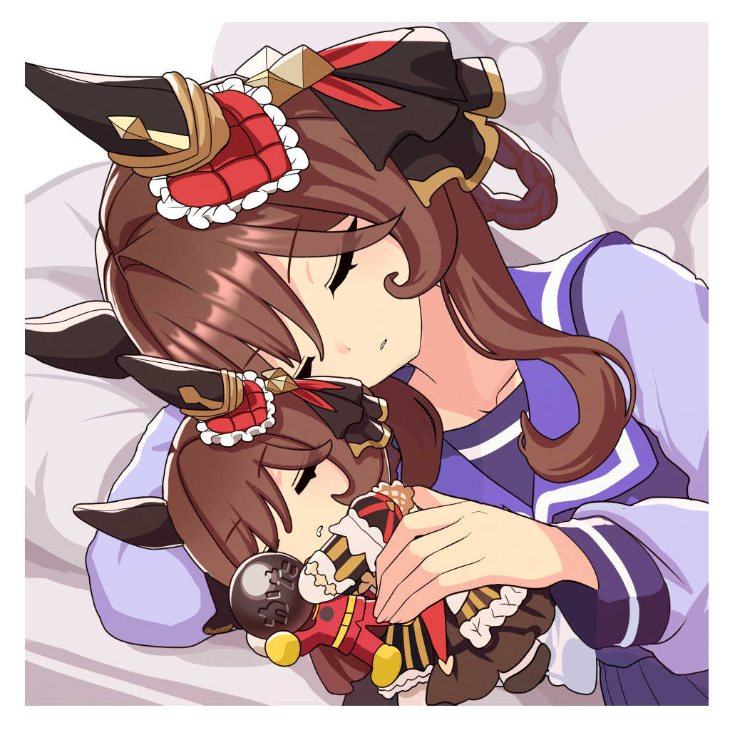 1girl, animal_ears, border, braid, braided_hair_rings, brown_hair, character_doll, closed_eyes
