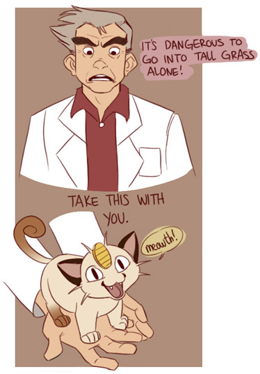 1boy, artist_request, cat, english, in_palm, joke, labcoat, meowth, ookido_yukinari, pokemon, pokemon_(creature)