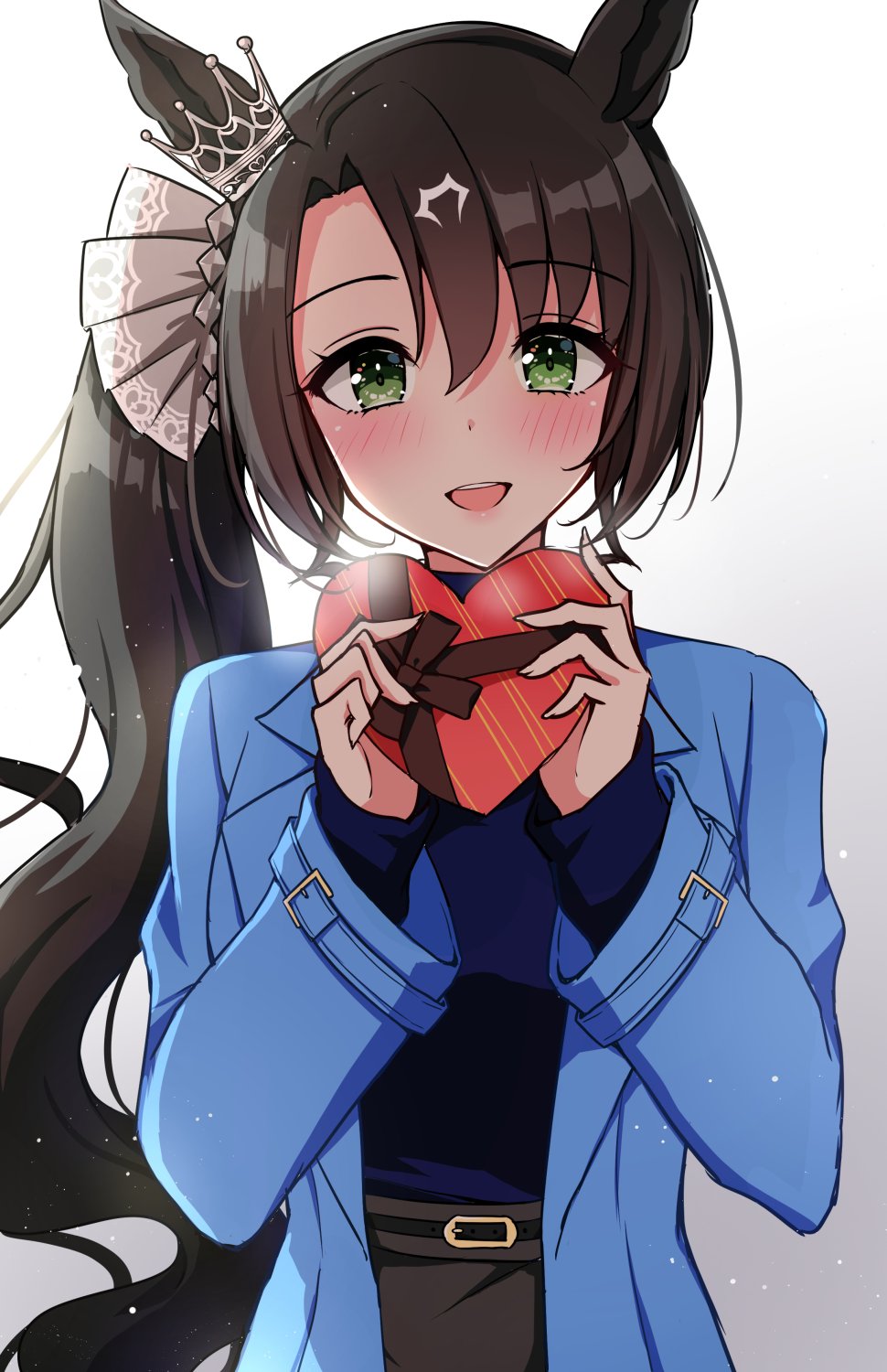 1girl, animal_ears, black_hair, blue_coat, blue_jacket, blue_sweater, blush, box
