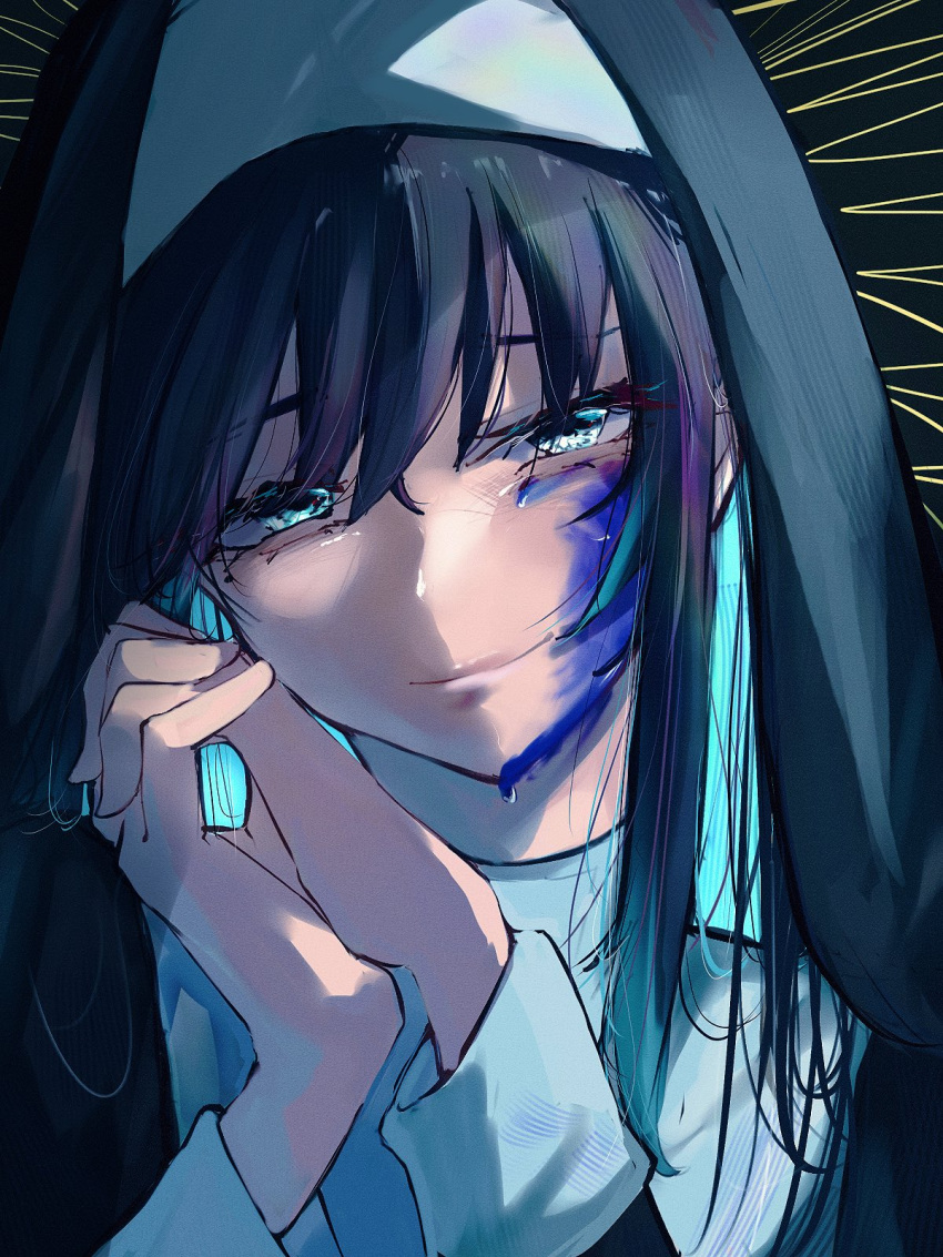 1girl, ado_(utaite), blue_eyes, blue_hair, chando_(ado), closed_mouth, colored_inner_hair, commentary, hashtag-only_commentary, highres, long_hair, looking_at_viewer, mole, mole_under_eye, multicolored_hair, nun, own_hands_together, paint_splatter, paint_splatter_on_face, portrait, sidelocks, solo, tanake_(tanakei_ado), utaite