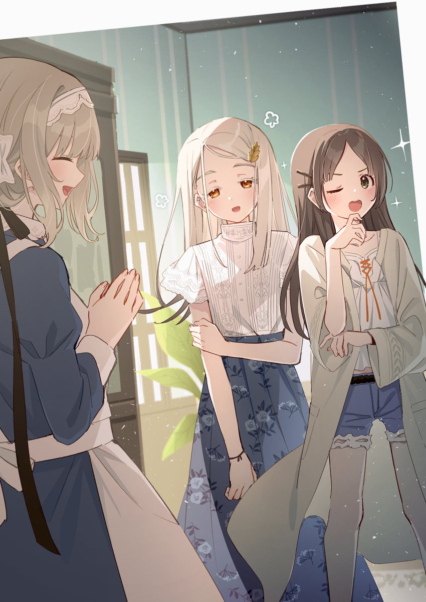 3girls, ;d, ^_^, absurdres, aqua_skirt, blonde_hair, blush, brown_hair