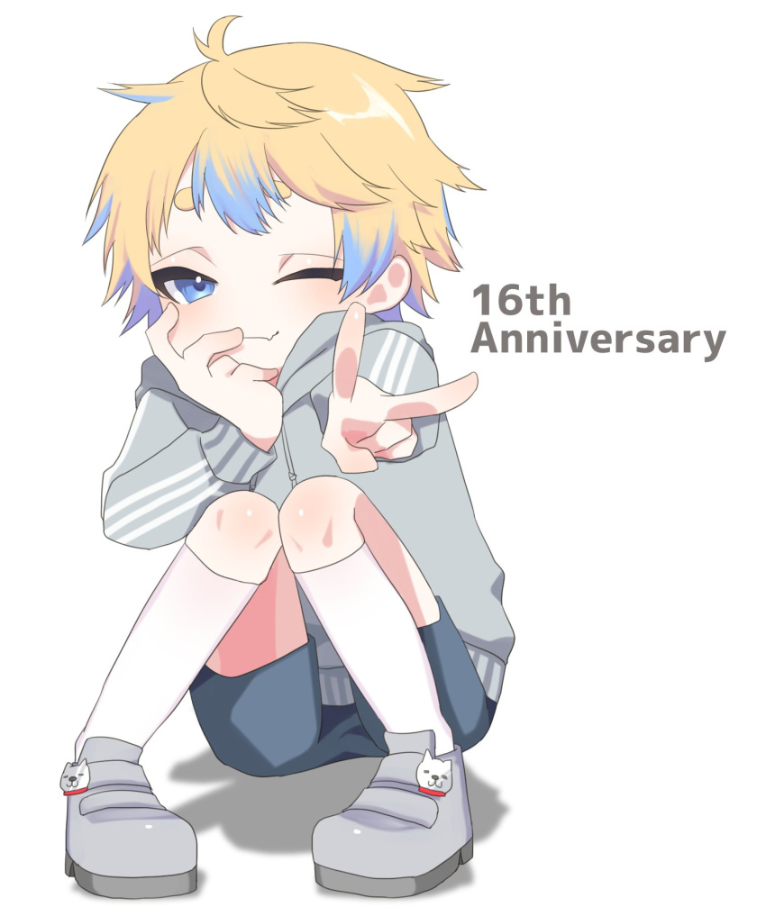 1boy, ahoge, anniversary, blonde_hair, blue_eyes, blue_hair, blue_shorts, commentary_request