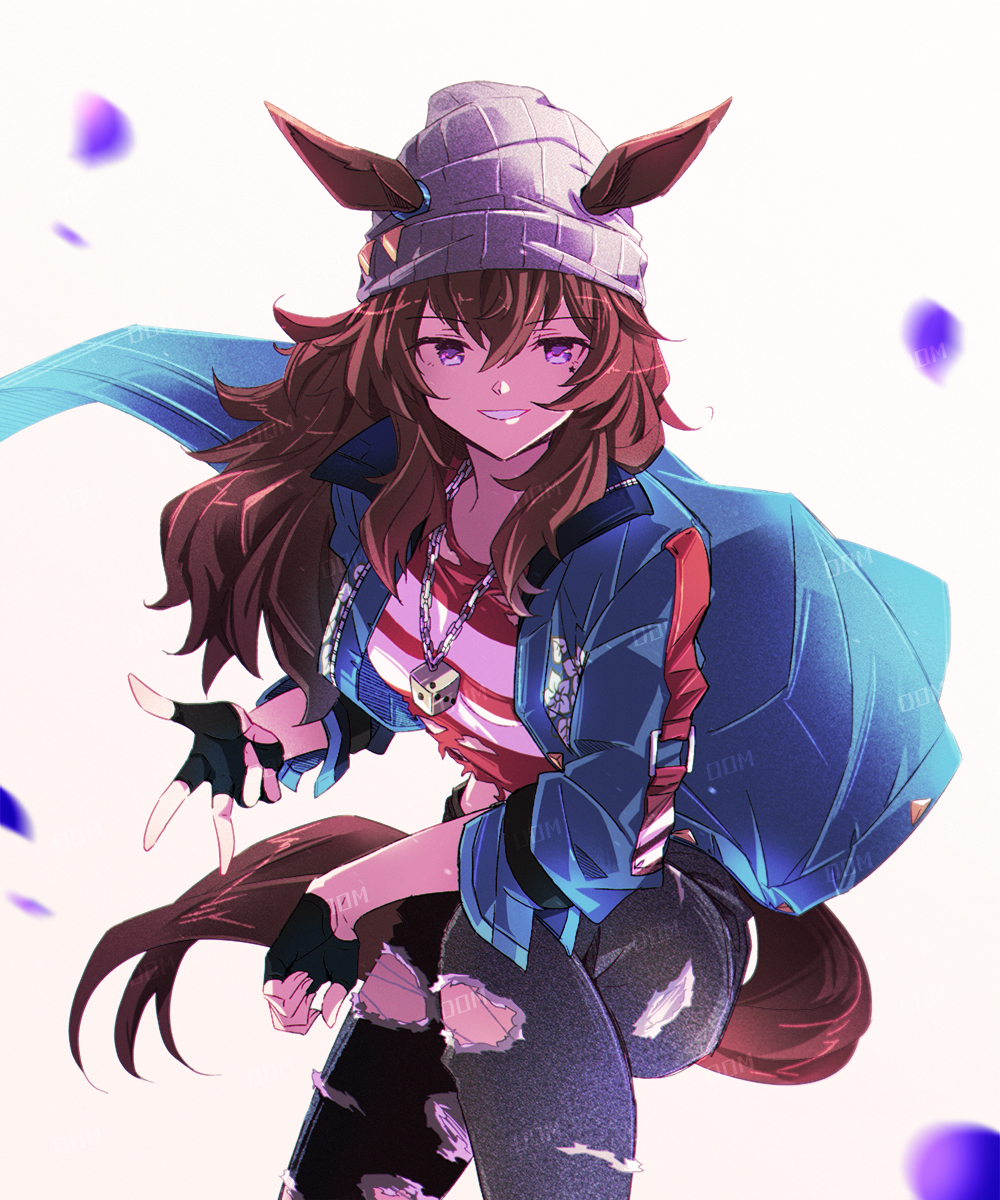 1girl, animal_ears, beanie, black_gloves, blue_coat, breasts, brown_hair, coat