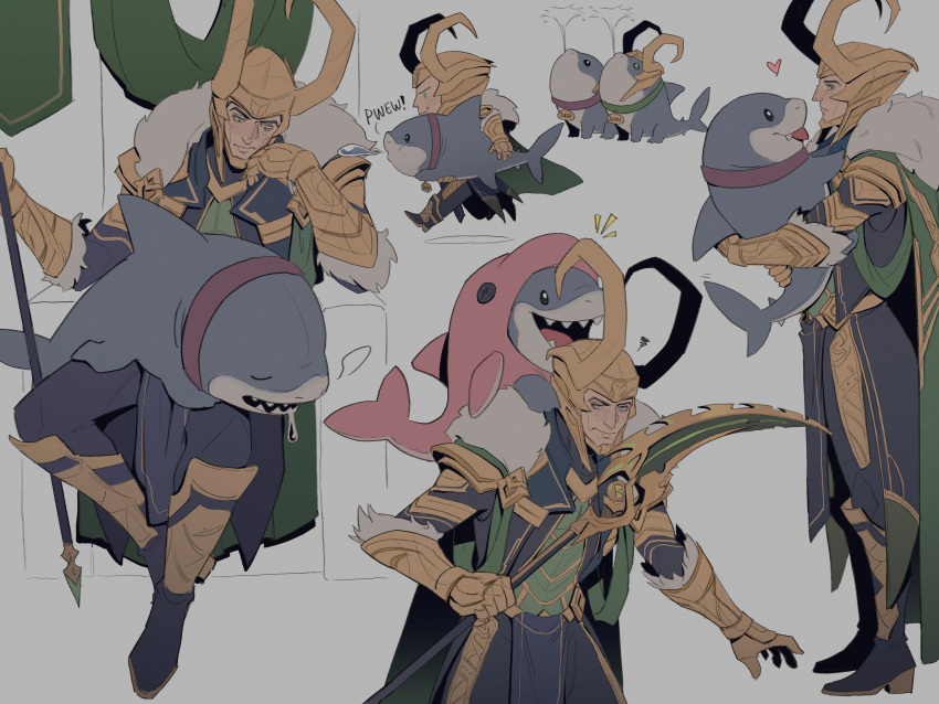 absurdres, black_bodysuit, black_loincloth, bodysuit, cape, cheekbones, commentary, creature, creature_on_lap, drooling, english_commentary, fake_horns, fur-trimmed_cape, fur_trim, gold_gauntlets, gold_helmet, green_cape, green_eyes, grey_background, hand_on_own_cheek, hand_on_own_face, heart, helmet, highres, holding, holding_creature, holding_staff, horned_helmet, horns, jeff_the_land_shark, jeff_the_land_shark_(incognito_dolphin), loki_(marvel), male_focus, marvel, marvel_rivals, multiple_views, official_alternate_costume, pelvic_curtain, serpentbun, sharp_teeth, sitting, sitting_on_throne, sleeping, staff, teeth, thor_(marvel)_(series), unamused