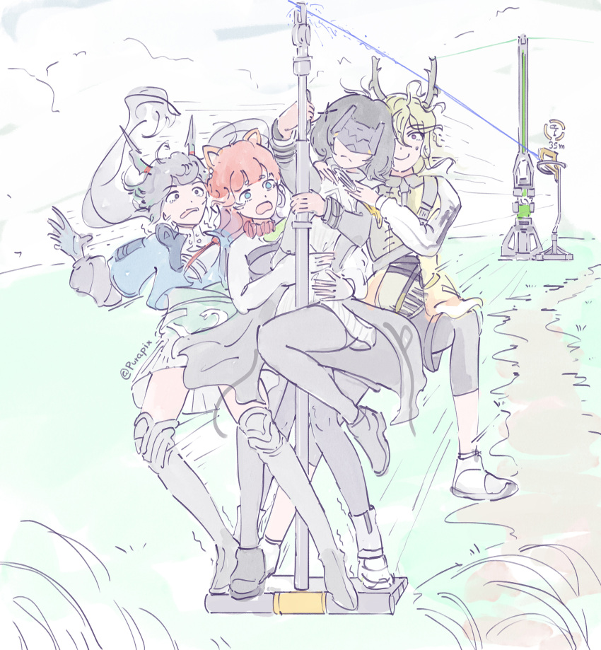 1boy, 3girls, akekuri_(arknights), animal_ears, arknights, arknights:_endfield, artist_name, black_hair, blue_eyes, bytekun, chen_qianyu_(arknights), closed_mouth, dog_ears, dog_girl, dragon_boy, dragon_girl, dragon_horns, endministrator_(arknights), eye_mask, green_hair, highres, horns, lifeng_(arknights), mask, multiple_girls, open_mouth, smile