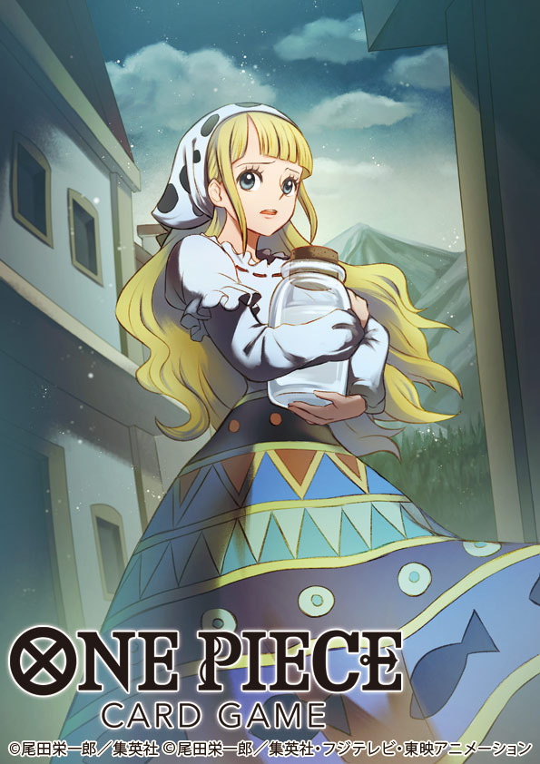1girl, blonde_hair, blue_eyes, blunt_bangs, commentary_request, copyright_name, eyelashes, headscarf, holding, long_hair, long_sleeves, moda_(one_piece), nekobayashi, official_art, one_piece, one_piece_card_game, open_mouth, outdoors, sidelocks, skirt, solo