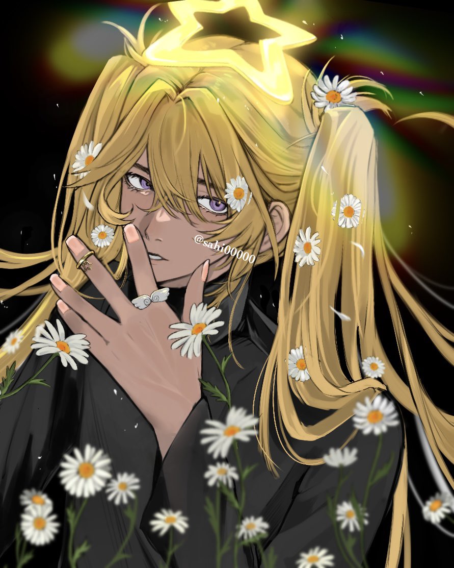 1boy, black_background, black_shirt, blonde_hair, commentary_request, daisy_(flower), double-parted_bangs, flower