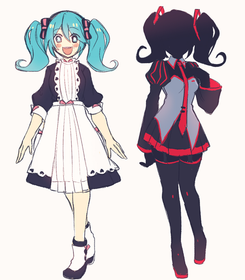 2girls, black_boots, black_skin, black_skirt, blue_bow, blue_dress, blue_eyes, boots