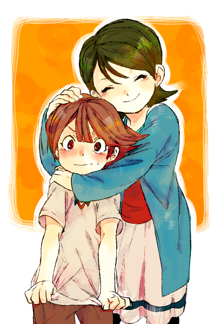 brown_eyes, brown_hair, closed_eyes, eyes_closed, green_hair, hug, ichinose_kazuya, ieiieiiei