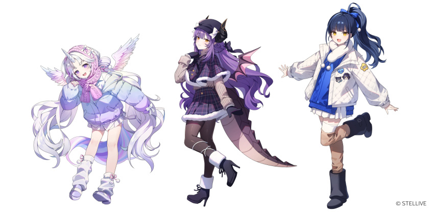 3girls, ayatsuno_yuni, azit_(down), black_gloves, black_pantyhose, blue_hair, boots, coat