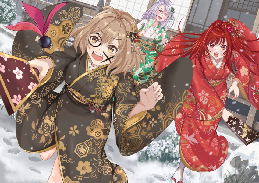 3girls, absurdres, anis_(nikke), black_kimono, brown_hair, closed_eyes, commentary_request, floral_print