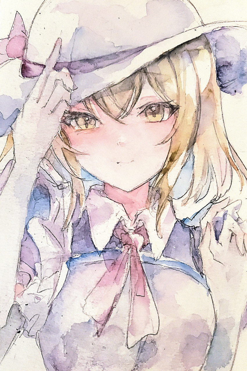 1girl, absurdres, blonde_hair, blue_dress, closed_mouth, commentary, dress, elbow_gloves