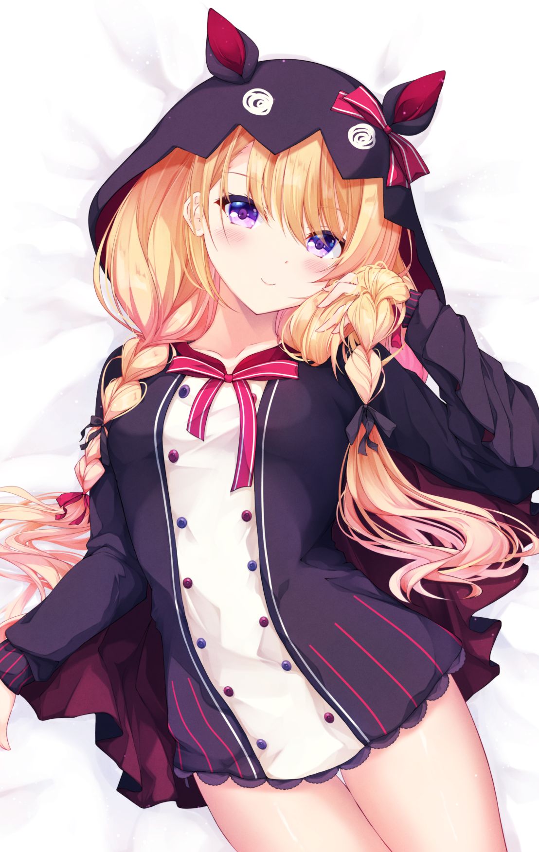 1girl, animal_ears, animal_hood, bed_sheet, black_dress, blonde_hair, bow, braid