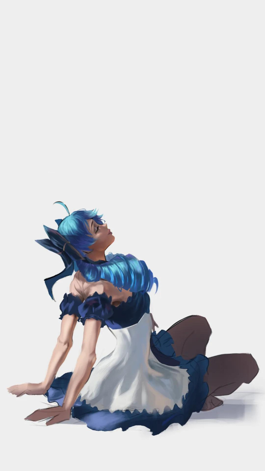 1girl, bare_shoulders, black_bow, bow, breasts, brown_pantyhose, closed_eyes, closed_mouth, commentary, detached_sleeves, drill_hair, english_commentary, facing_up, from_side, gwen_(league_of_legends), hair_bow, highres, league_of_legends, long_hair, nosori, pantyhose, simple_background, sitting, solo, twin_drills, twintails, white_background