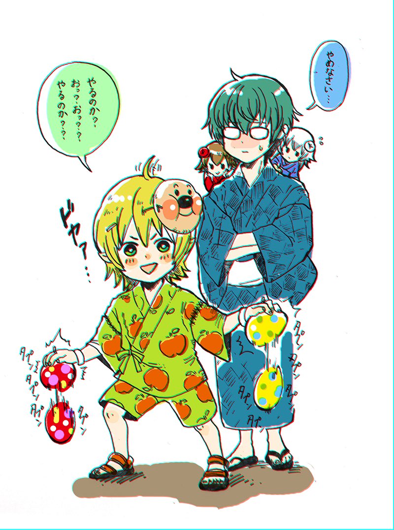 2boys, 2girls, alternate_costume, bad_id, bad_pixiv_id, black_sandals, blonde_hair, blue_kimono