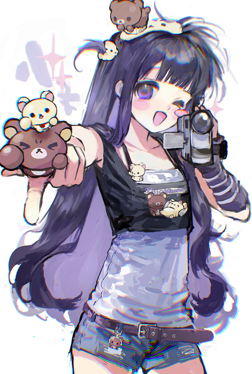 >_o, 1girl, ;d, absurdres, alternate_costume, arm_warmers, belt, belt_charm