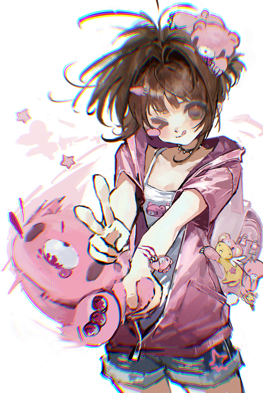 >_<, 1girl, absurdres, alternate_costume, backpack, bag, blush_stickers, brown_hair
