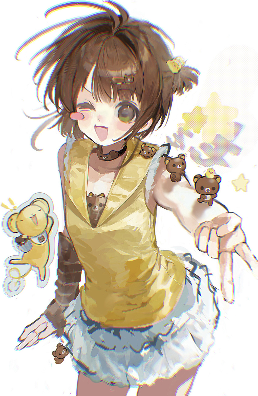 1girl, ;d, absurdres, alternate_costume, arm_warmers, blush_stickers, brown_arm_warmers, brown_hair