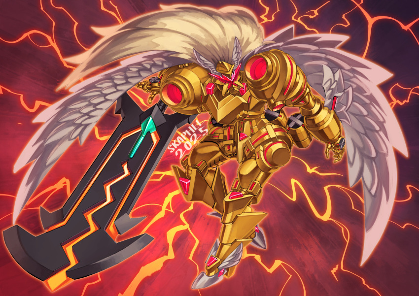 absurdres, alternate_form, armor, cape, commentary, digimon, digimon_(creature), electricity, english_commentary, feathers, full_body, gold_armor, gold_helmet, highres, holding, holding_sword, holding_weapon, jupitermon, skaphel, sword, weapon, white_cape, white_feathers