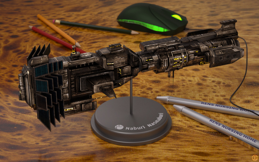 3d, battlecruiser_(eve_online), cable, combat_ship_(eve_online), commentary, computer_mouse, core_complexion_inc._(eve_online), cyclone_(eve_online), emblem, english_commentary, eve_online, glowing, highres, military_vehicle, miniature, minmatar_republic_(eve_online), no_humans, pen, pencil, photorealistic, realistic, spacecraft, support_ship_(eve_online), urviech, vehicle_focus