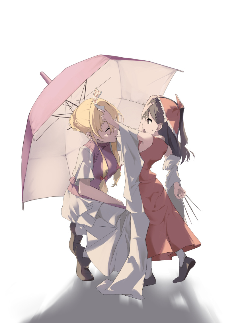 2girls, aged_down, between_fingers, blonde_hair, bow, brown_hair, brown_shoes, child, commentary_request, detached_sleeves, dress, frilled_bow, frills, hair_bow, hair_bun, hakurei_reimu, headpat, highres, holding, long_hair, multiple_girls, needle, needles_between_fingers, no_headwear, ofuda, ofuda_between_fingers, purple_tabard, red_bow, red_skirt, shoes, simple_background, skirt, skirt_set, socks, squatting, sutego_(pixiv_122978111), sweatdrop, tabard, throwing_needles, touhou, umbrella, white_background, white_dress, white_socks, yakumo_yukari